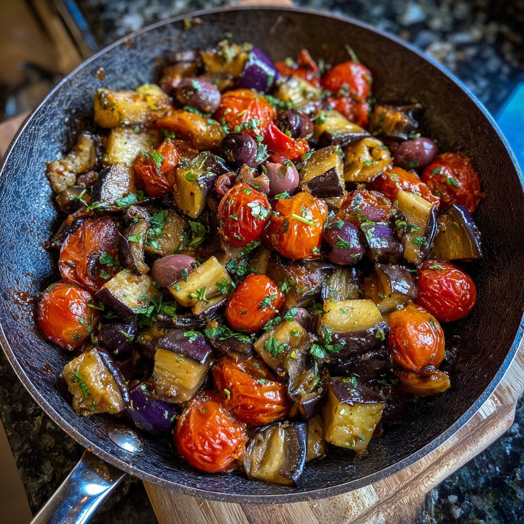 Auberginenpfanne mit Tomaten und Oliven